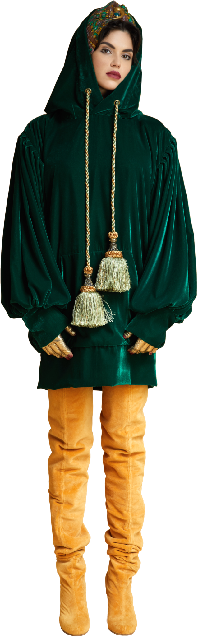1860s Velvet Oversized Hoodie with Tassels in Dark Emerald
