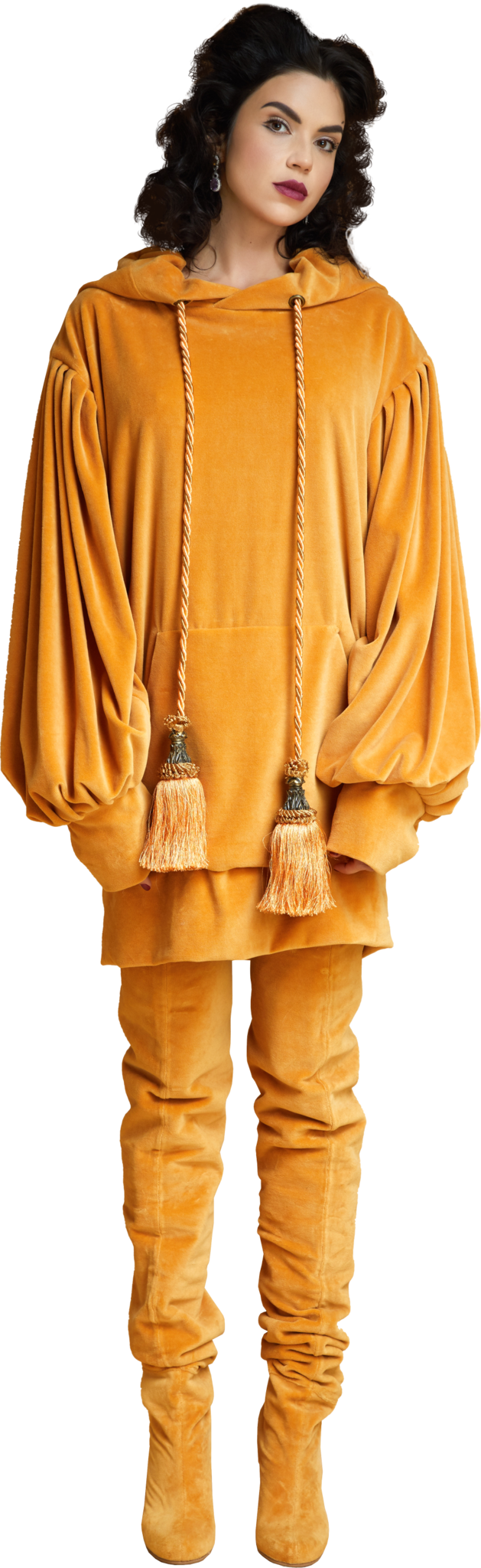1860s Velvet Oversized Hoodie with Tassels in Gold