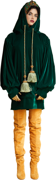 1860s Velvet Oversized Hoodie with Tassels in Dark Emerald