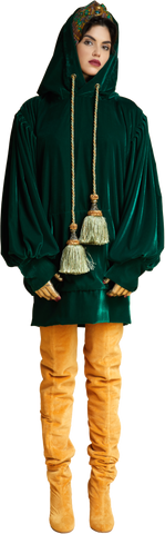 1860s Velvet Oversized Hoodie with Tassels in Dark Emerald