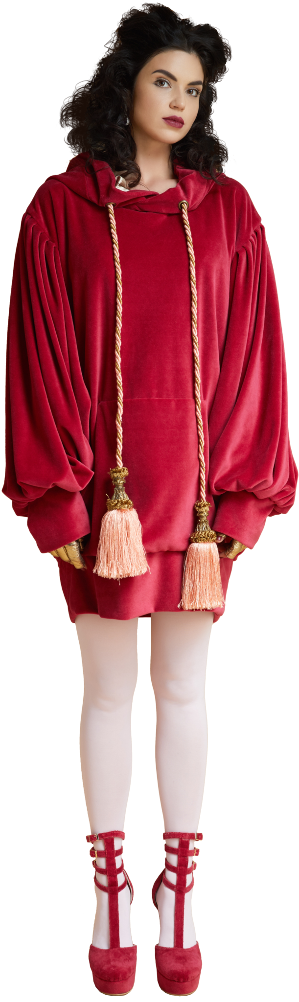 1860s Velvet Oversized Hoodie with Tassels in Scarlet