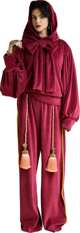 1860s Velvet Hoodie with Bow  in Scarlet