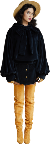 1860s Velvet Hoodie with Bow in Dark ash