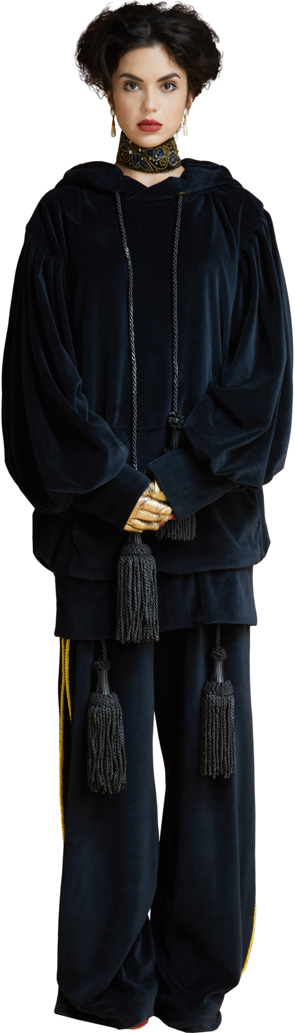 1860s Velvet Oversized Hoodie with Tassels in Dark ash