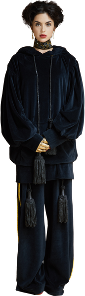 1860s Velvet Oversized Hoodie with Tassels in Dark ash