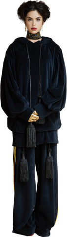 1860s Velvet Oversized Hoodie with Tassels in Dark ash