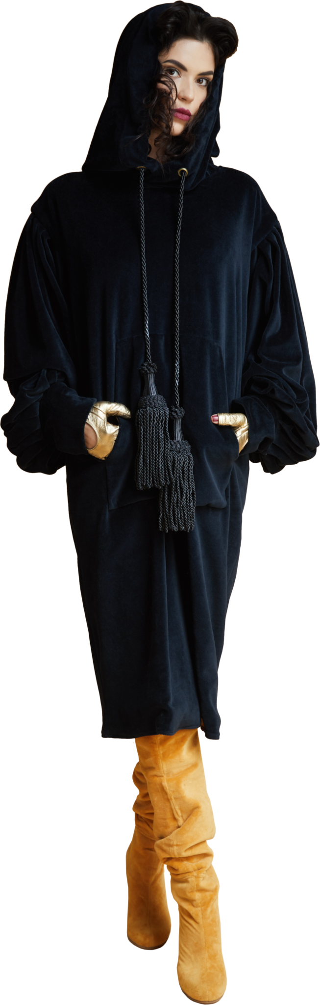 1860s Velvet Dress Hoodie with Tassels in Dark ash