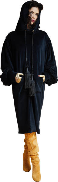 1860s Velvet Dress Hoodie with Tassels in Dark ash