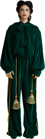 "General" Velvet Sport Pants with Tassels  in Dark Emerald