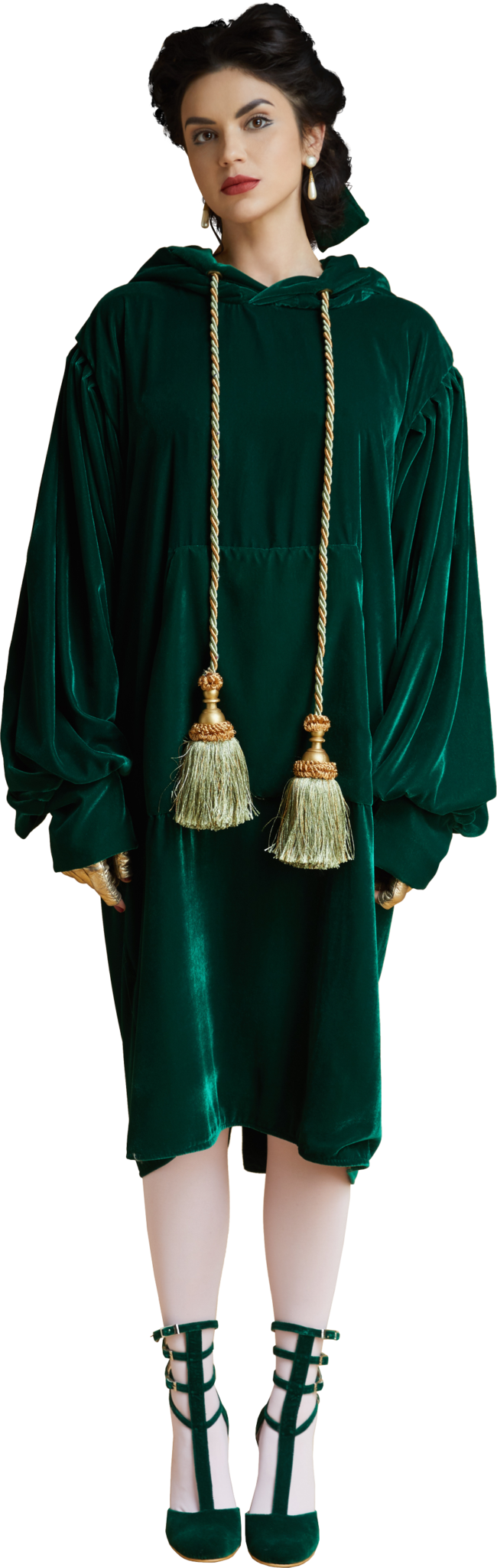 1860s Velvet Dress Hoodie with Tassels in Dark Emerald