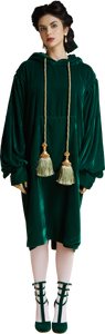 1860s Velvet Dress Hoodie with Tassels in Dark Emerald