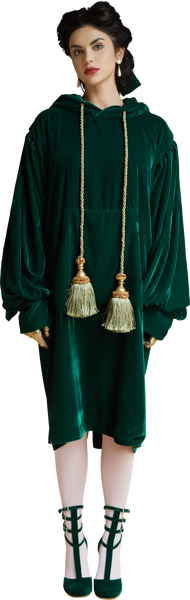 1860s Velvet Dress Hoodie with Tassels in Dark Emerald