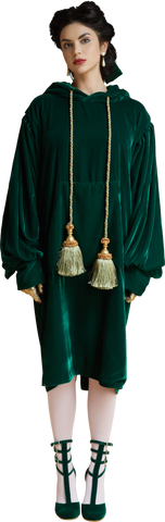 1860s Velvet Dress Hoodie with Tassels in Dark Emerald