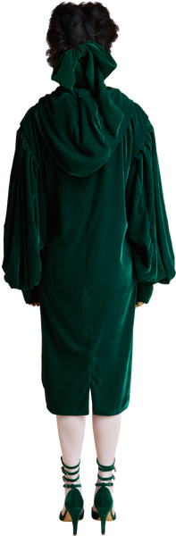 1860s Velvet Dress Hoodie with Tassels in Dark Emerald